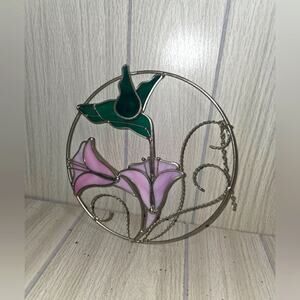 Vtg Stained Glass Floral Hummingbird Window Hanging Suncatcher Home Decor